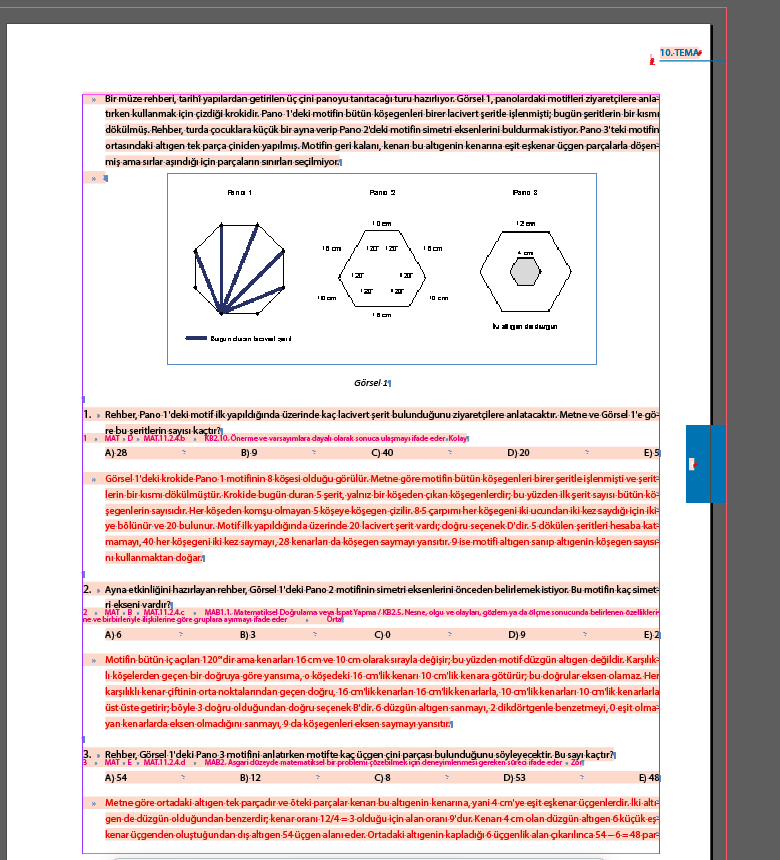 Adobe InDesign’da açılmış, dizgiye hazır soru sayfası